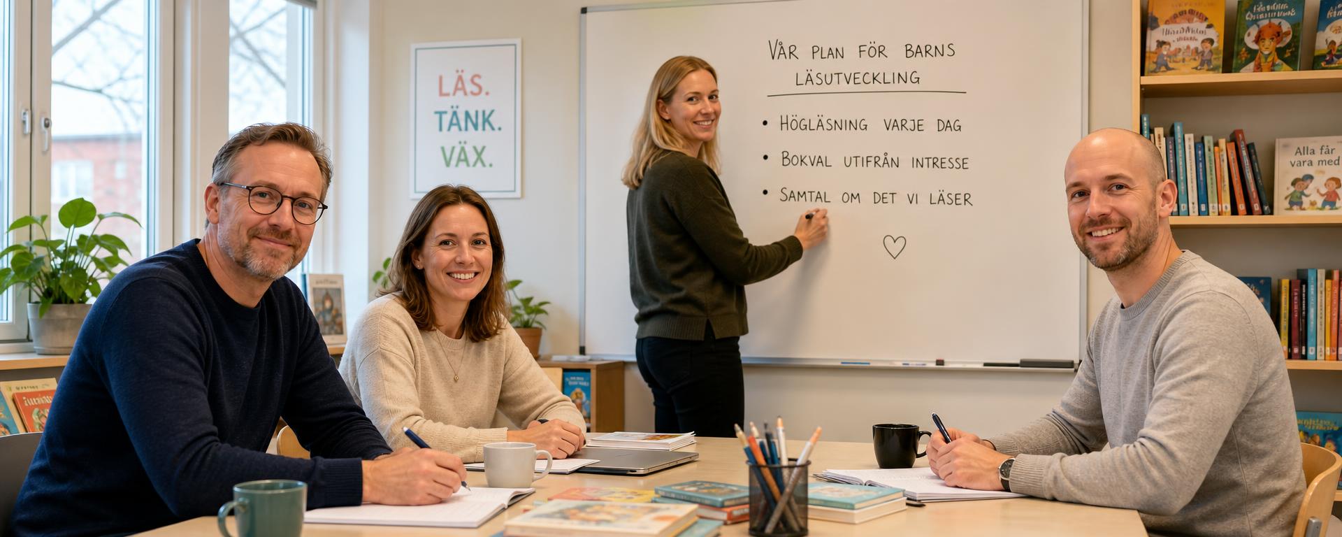 Lärare och pedagoger i ett möte om barns läsutveckling, med en person som skriver på en whiteboard i bakgrunden