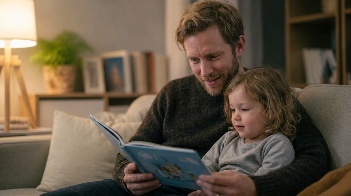 Pappa som läser en bilderbok tillsammans med sitt barn i soffan