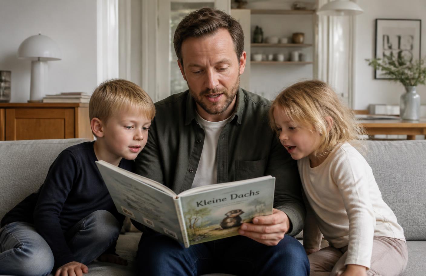 Pappa som läser en bilderbok högt för två barn i soffan
