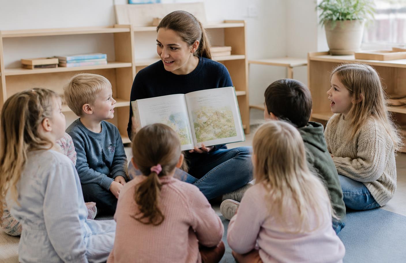 Förskollärare som läser högt och samtalar med en grupp barn på golvet