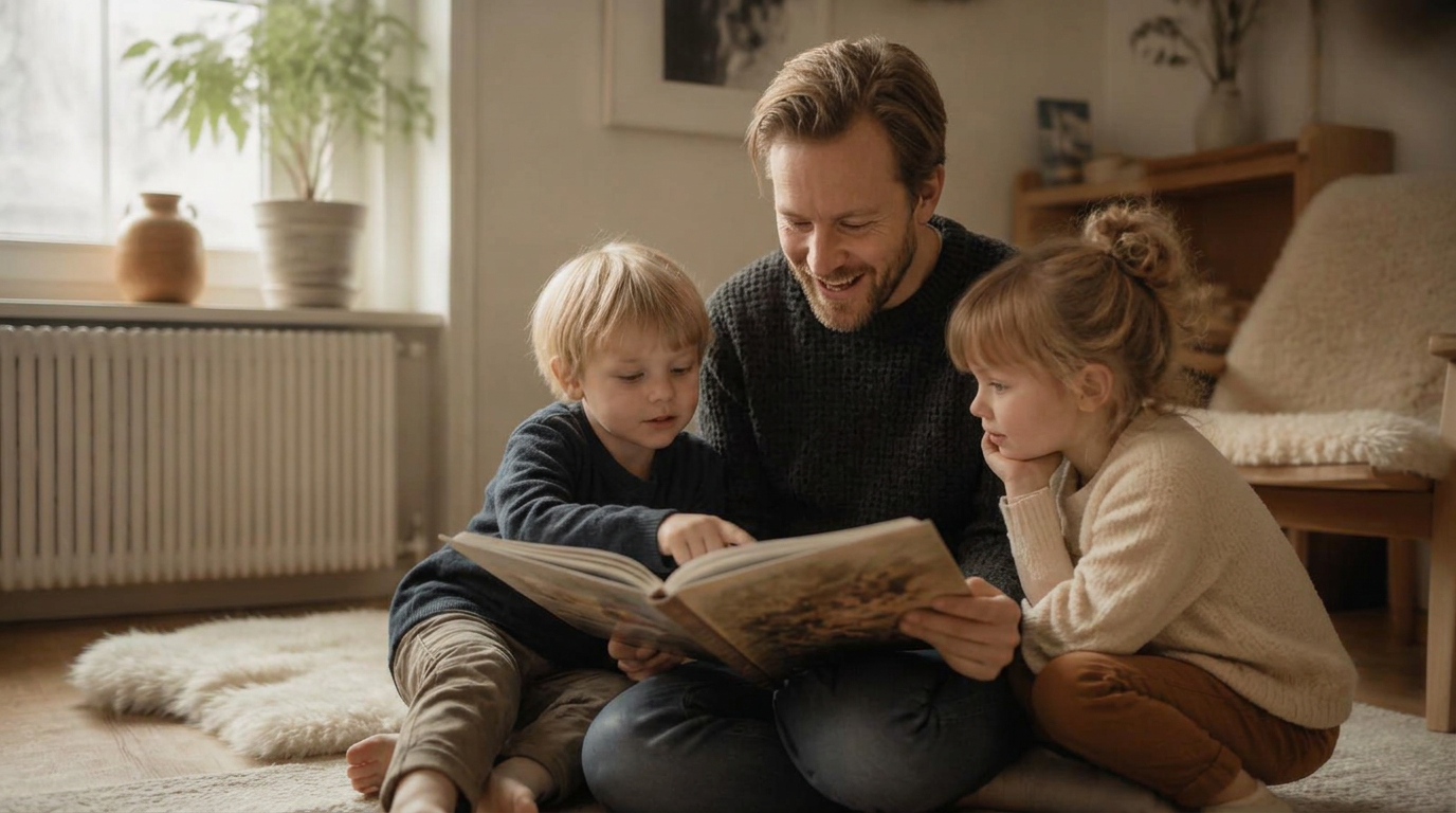 Pappa som läser högt ur en bilderbok för två små barn på golvet