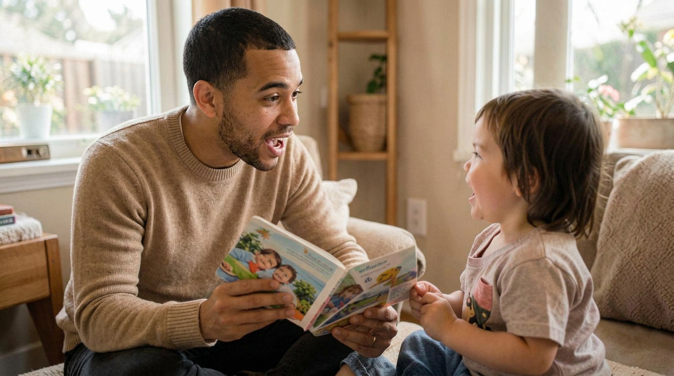 Pappa som håller upp en bilderbok och ställer en fråga till ett barn som svarar
