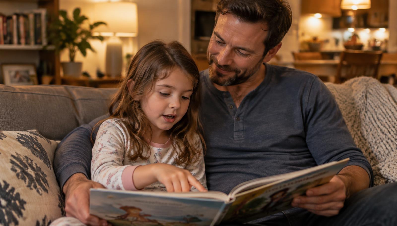 Pappa och barn sitter i soffan och läser en bok tillsammans medan barnet pekar på orden