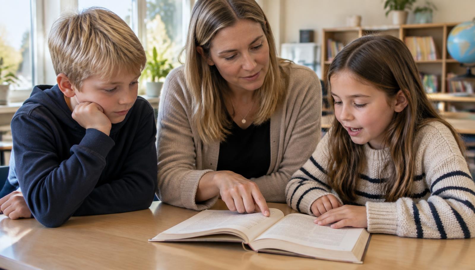 Lärare som sitter tillsammans med två elever vid ett bord och samtalar om en text i en uppslagen bok