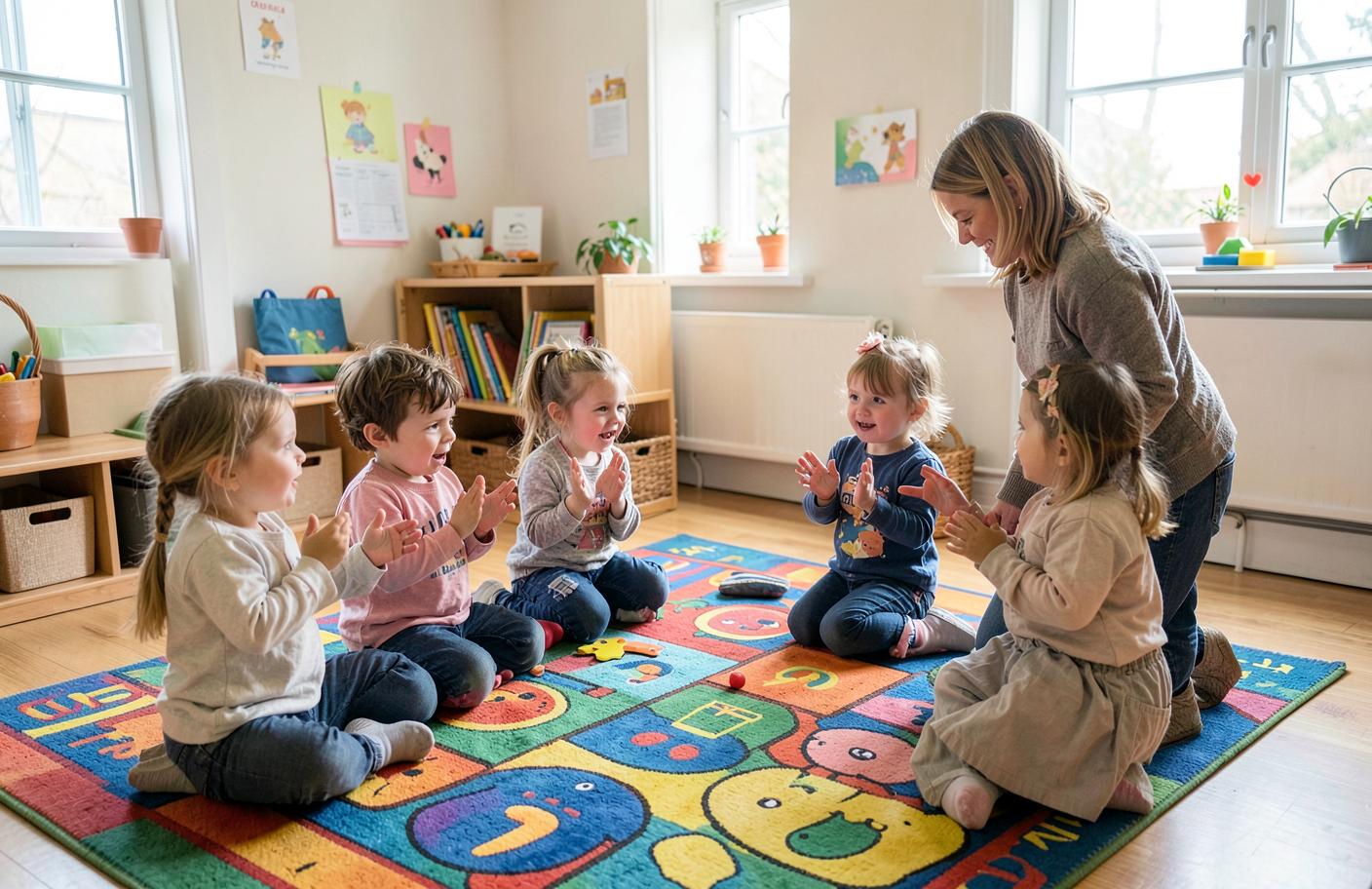 Förskolebarn som klappar stavelser och rimmar tillsammans med en pedagog
