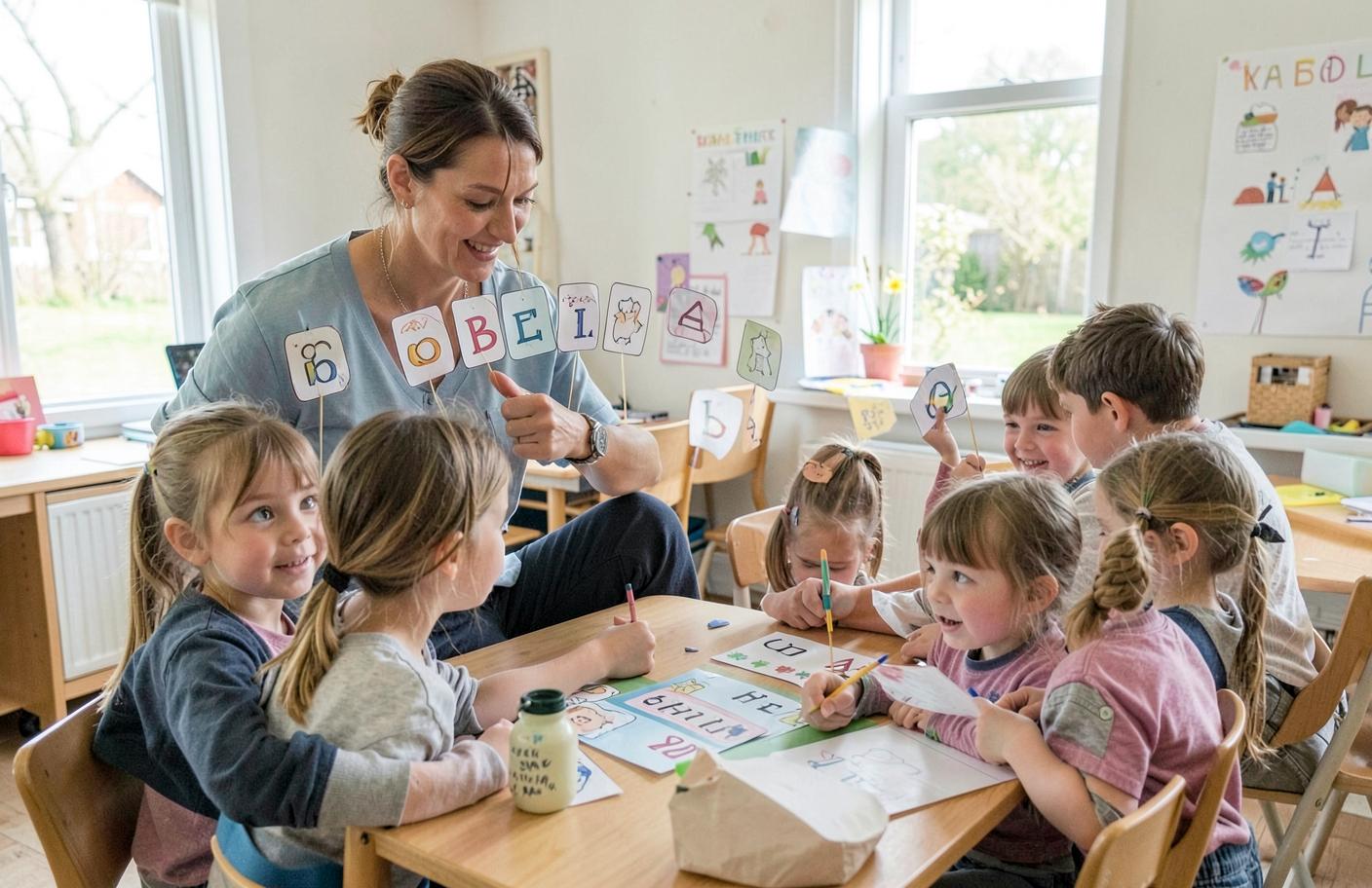 Pedagog som håller upp bokstavskort medan en grupp sexåringar ljudar fram ord