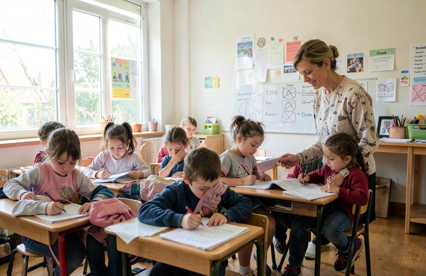 Klassrum där yngre elever läser vid sina bänkar medan läraren följer upp