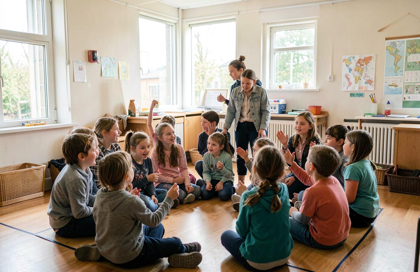 Elever som sitter i ring och samtalar med sin lärare