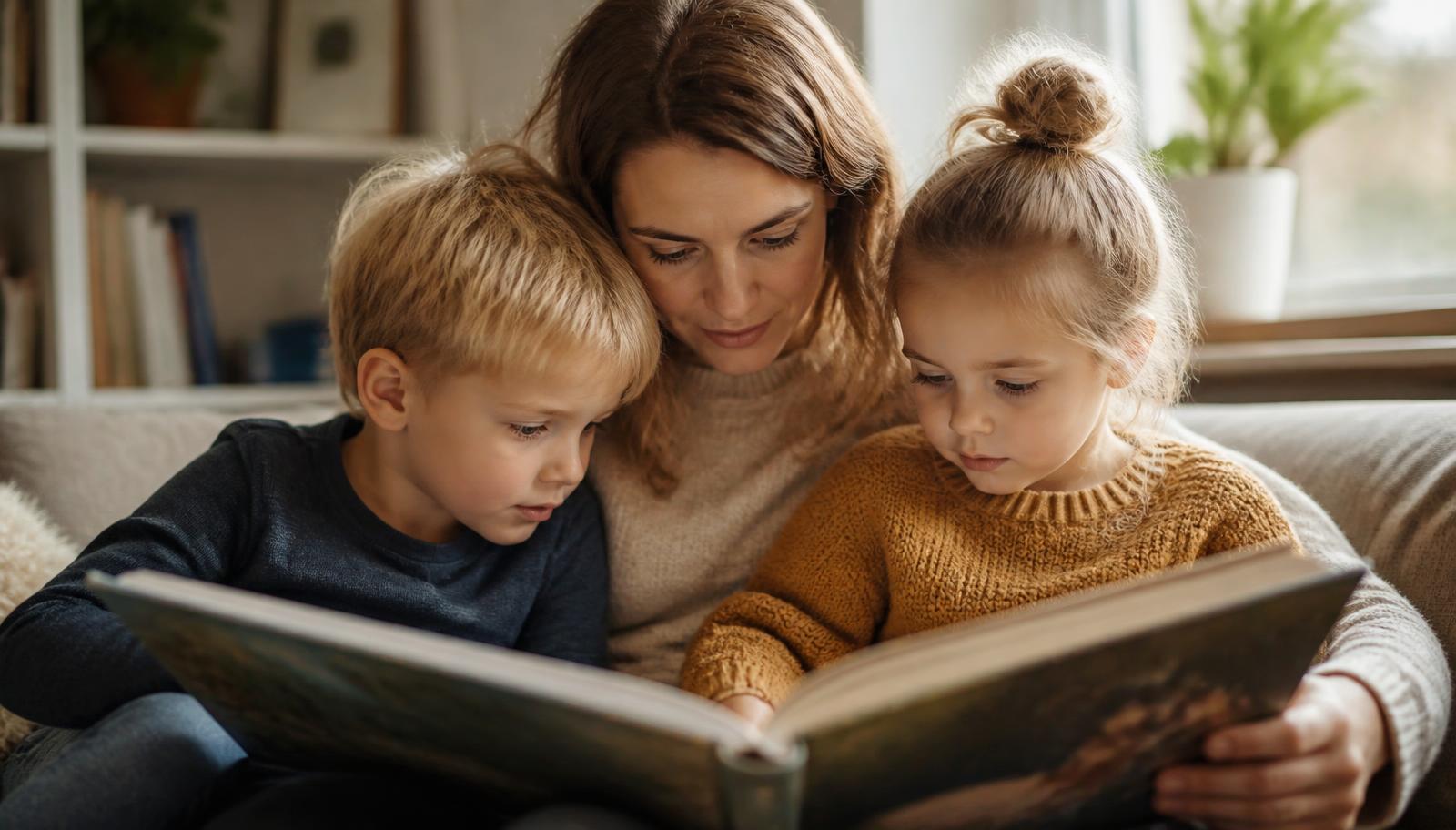Vuxen och två barn sitter tillsammans i en soffa och läser en bilderbok
