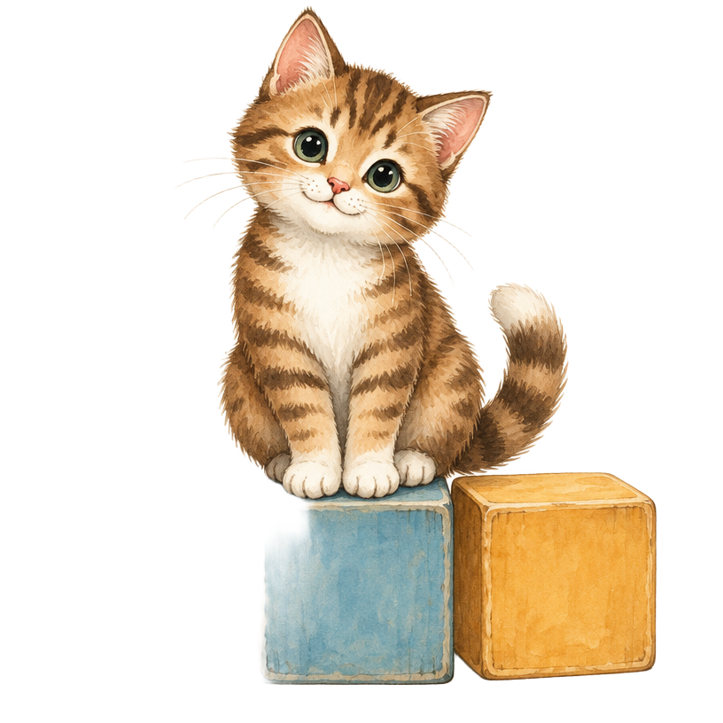 Sagoboksillustration: katt som sitter på bokstavsklossar
