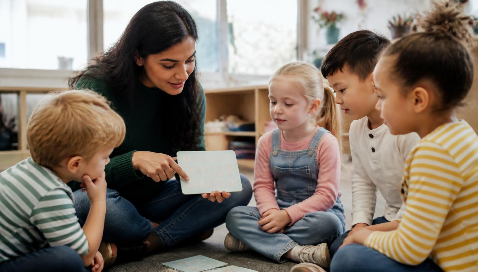 Pedagog som arbetar med bokstäver och språkljud tillsammans med en liten grupp barn