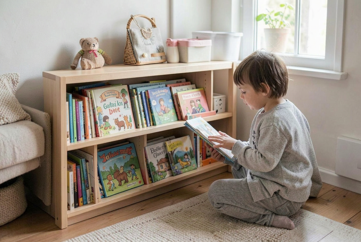Låg bokhylla i ett barnrum där ett barn väljer en bok