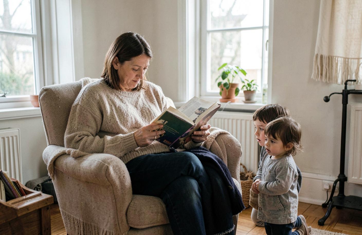 Vuxen som läser en bok i en fåtölj medan ett barn tittar nyfiket
