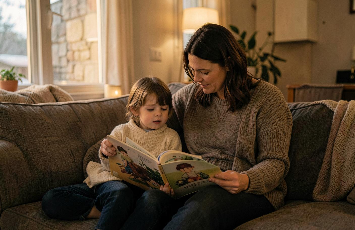 Pappa som läser en bilderbok tillsammans med sitt barn
