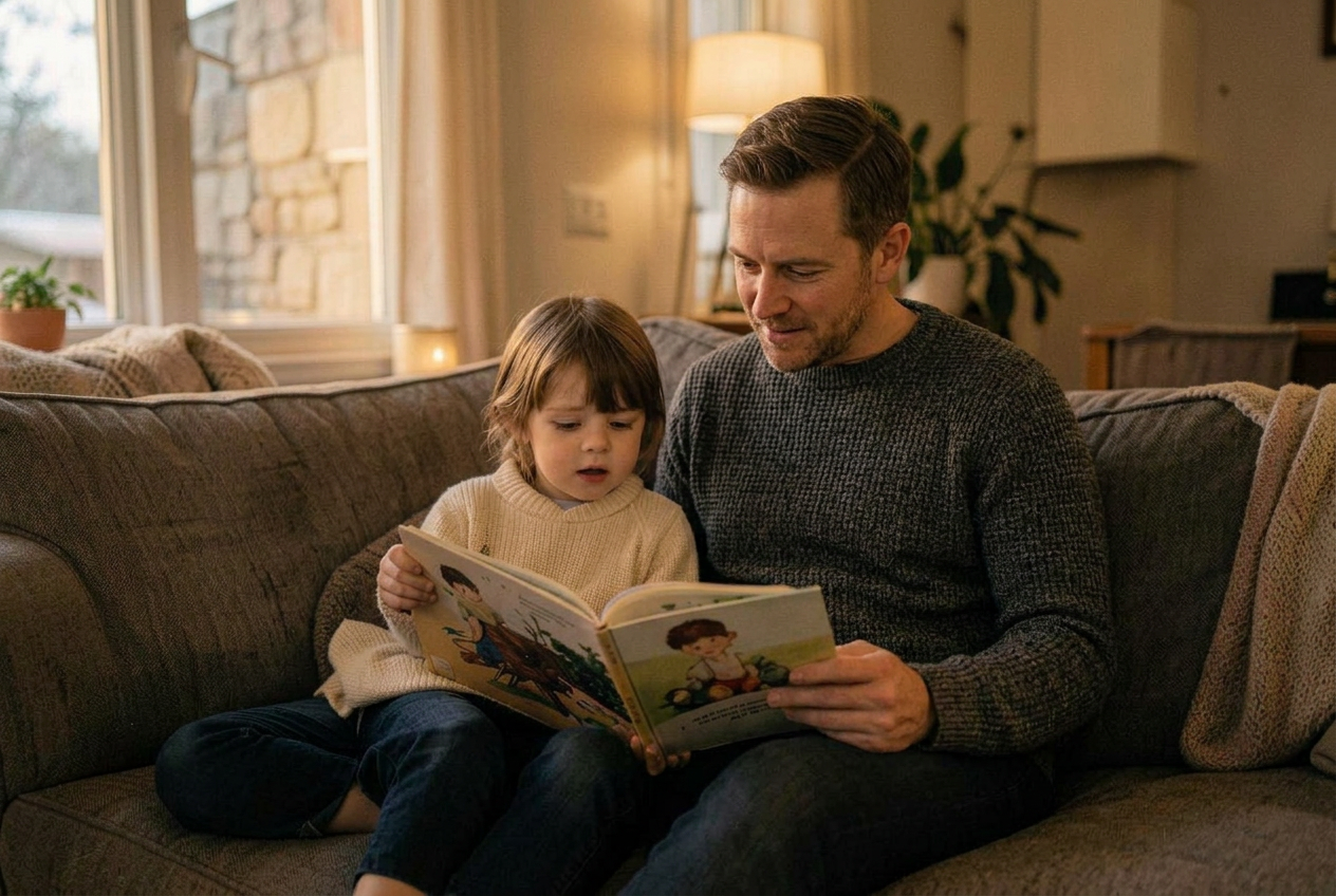 Pappa och barn som läser en bilderbok tillsammans i soffan