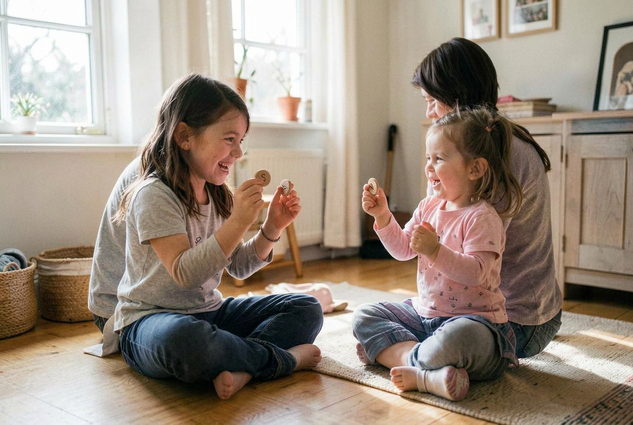 Förälder och förskolebarn som klappar och rimmar tillsammans på golvet
