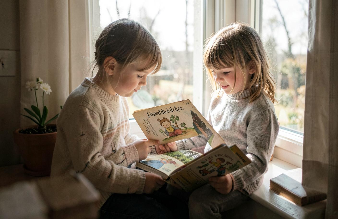 Barn som läser en välbekant bok vid ett fönster