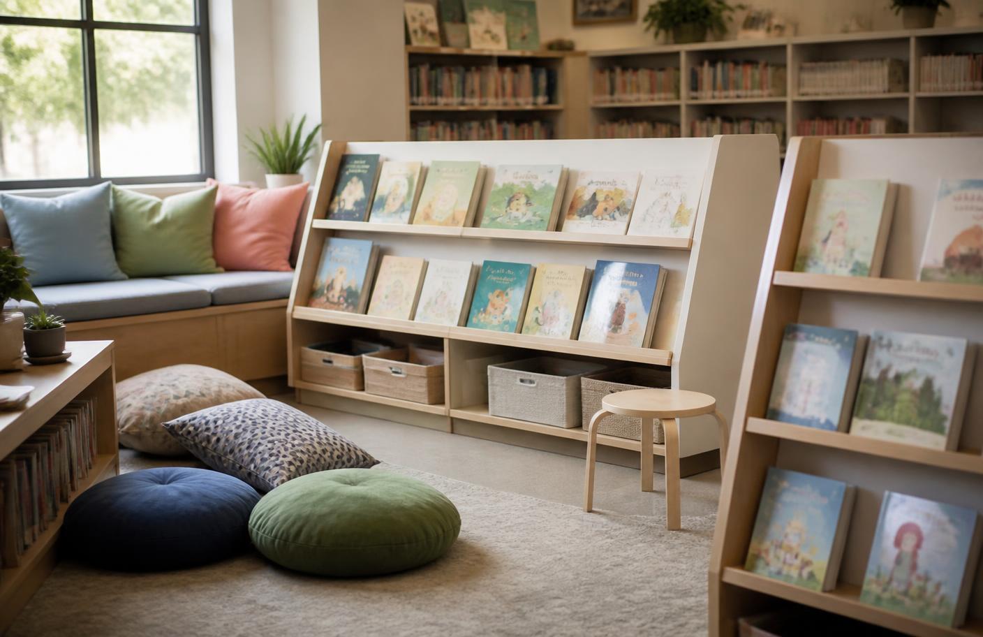 Barnavdelning på ett bibliotek med bilderböcker och en läshörna med kuddar