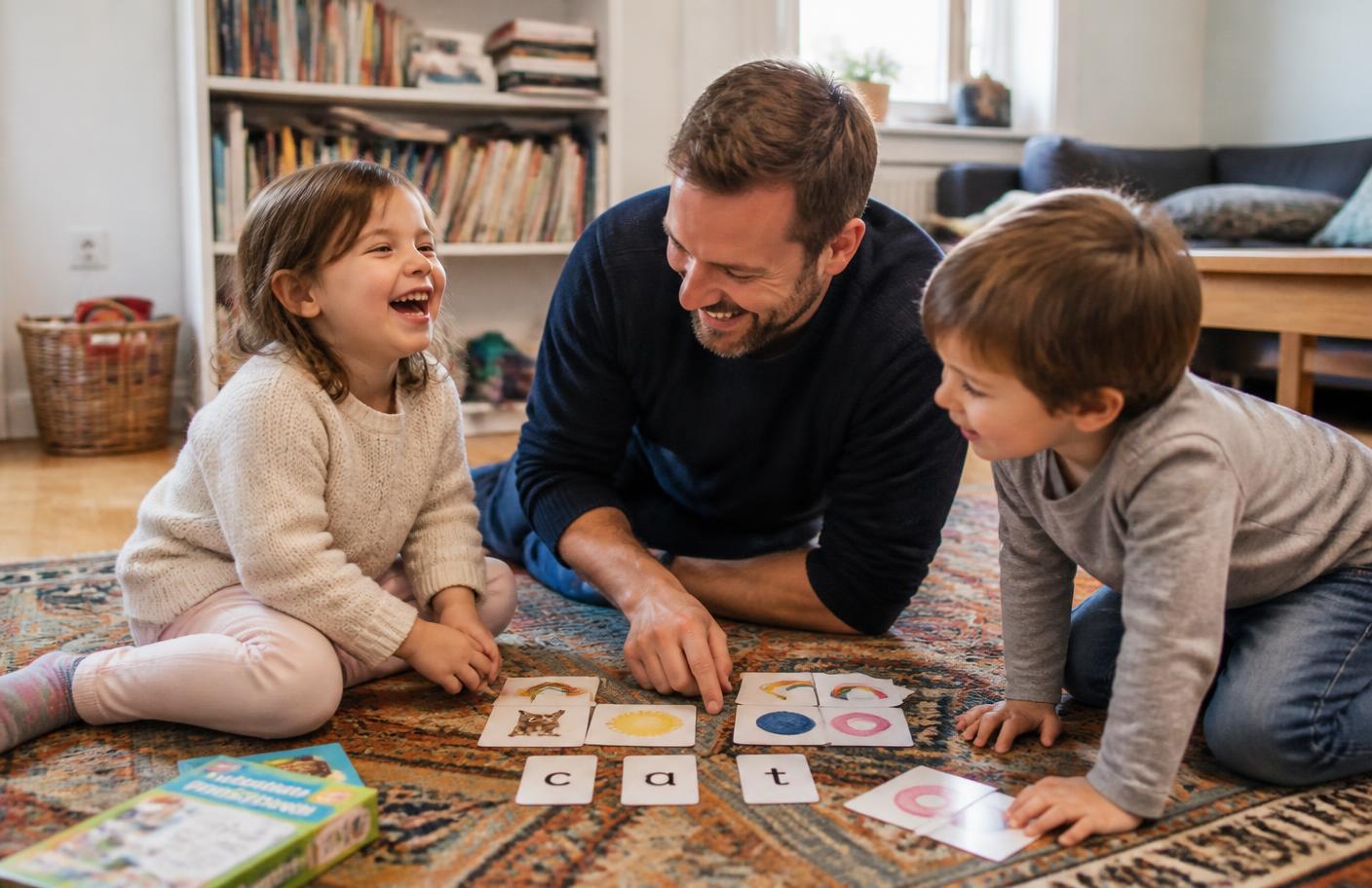 Pappa och två barn som matchar bild- och bokstavskort på en matta